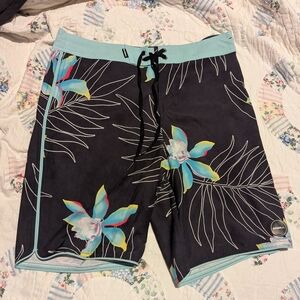 O'Neill Black and Aqua Floral Men's Board Shorts